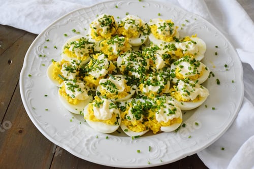 Preview: Freshly made Deviled eggs on a large white plate