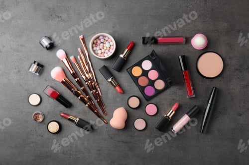 Preview: Set of different professional makeup products on table, flat lay
