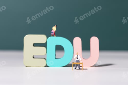 Preview: View of teacher and student figurines standing around EDU letters