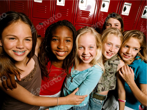 Preview: Young friends standing together in school locker room, portrait