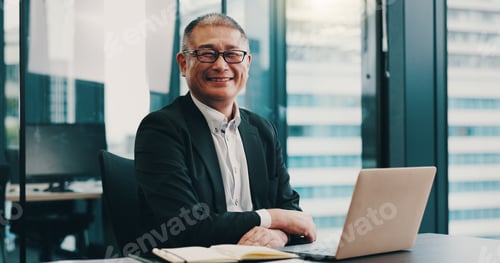 Preview: Laptop, business and portrait of Japanese man in office for internal auditor, bookkeeper and accoun