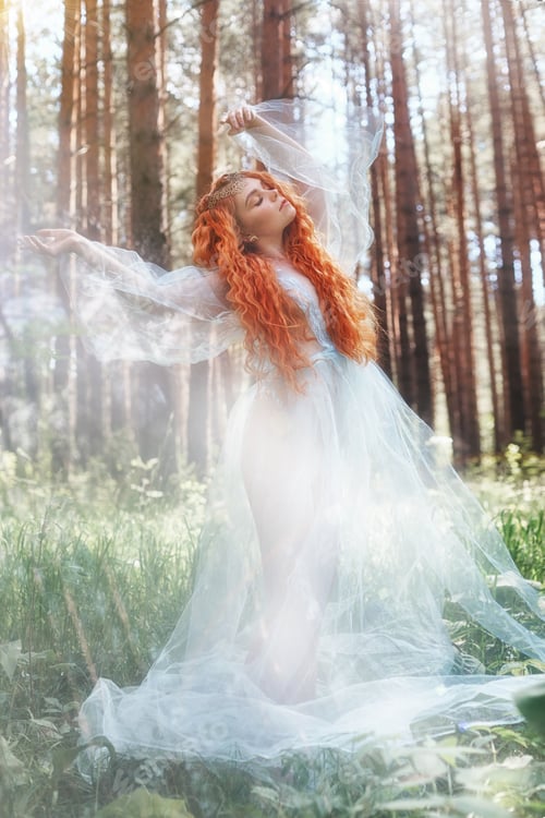 Preview: Beautiful redhead woman forest nymph in a blue transparent light dress in the woods spinning in