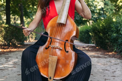Preview: Woman playing the cello in a park.