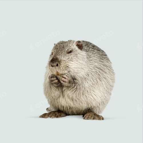 Preview: Studio shot of a coypu, also known as nutria or river rat, holding food in its paws