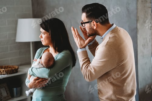 Preview: Family violence. Aggressive nervous man arguing with his wife who has postpartum depression