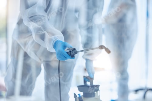 Preview: Closeup on hand of biohazard cleaner using antiseptic equipment. Closeup of science team cleaning a
