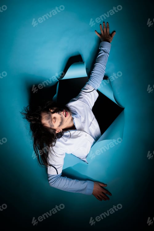 Preview: Crazy female scientist with amusing acting and messy appearance after laboratory explosion