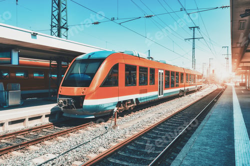 Preview: High speed orange train on the railway station at sunset