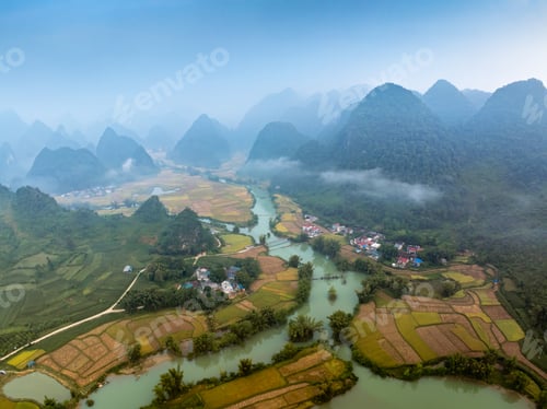 Preview: Aerial view of rice terrace paddle field around the river at Phong Nam, Cao Bang, Vietnam