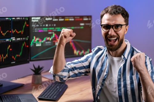 Preview: Overjoyed trader earn electronic money, celebration success, working from home. Successful business