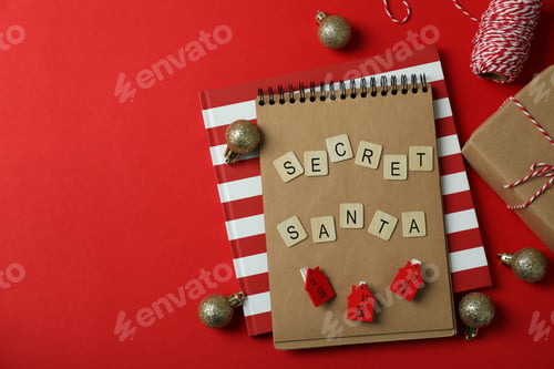 Preview: Secret Santa and Christmas composition on red background