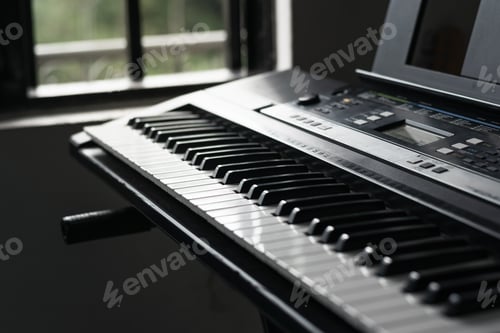 Preview: detail shot of a synthesizer next to a window on a cold day. piano ready for a virtual lesson