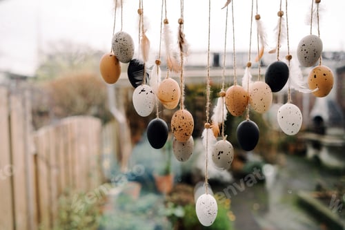 Preview: Hanging composition dream catcher of quail eggs and feathers hanging window the courtyard. Easter