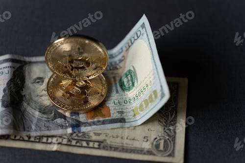 Preview: Golden coin with bitcoin symbol and dollar banknote