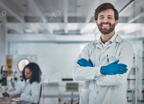 Preview: Scientist, portrait and man in lab with science and research for medical innovation or biotechnolog