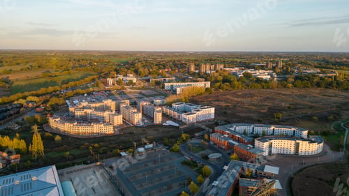 Preview: Aerial view of the University of Essex during sunset in Colchester, England