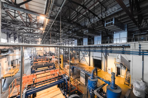 Preview: Fiberglass production industry equipment at manufacture background