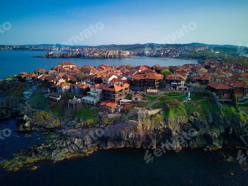 Preview: iew from a height of the city of Nessebar with houses and parks washed by the Black Sea in Bulgaria