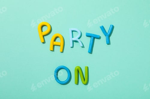 Preview: The word "party" is made of colored plasticine on a turquoise background.