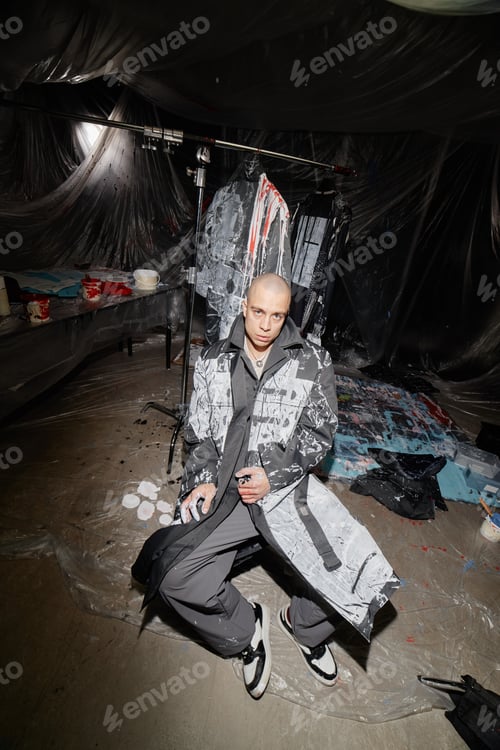 Preview: Male Artist Posing in Painted Coat with Custom Print Sitting in Workshop