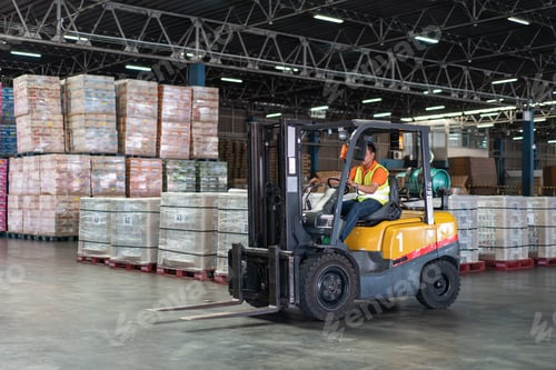 Preview: Asian male driver driving forklift to shipping delivery product in the warehouse