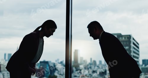 Preview: Japanese people, bow and meeting at window for business, collaboration and culture greeting in offi