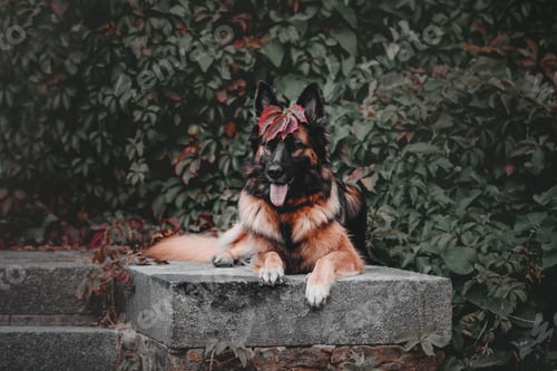 Preview: German Shepherd dog with leaves in autumn. Dog in nature. Autumn mood. Shepherd dog