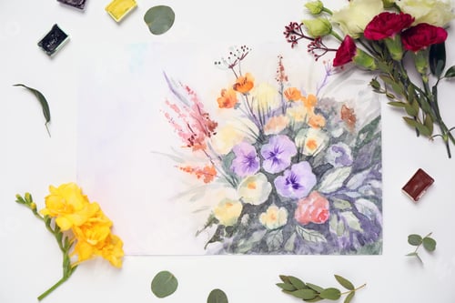 Preview: Flat lay composition with floral picture and watercolor paints on white background