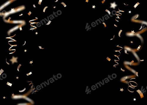 Preview: Golden confetti isolated on black background. Shiny particles, close up view. Party, Merry Christmas