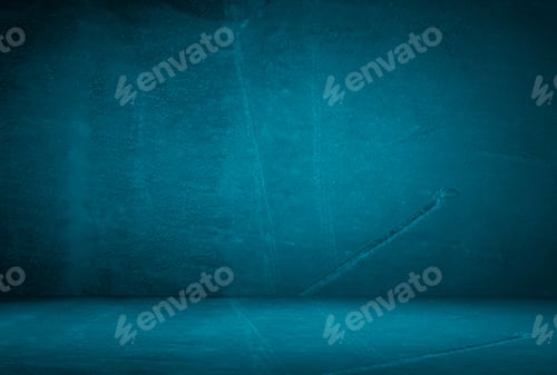 Preview: Vintage grunge blue concrete texture studio wall background with vignette.