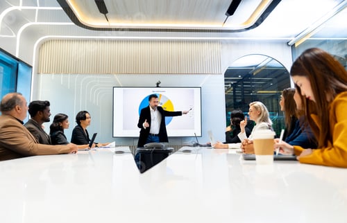 Preview: Caucasian man as manager stand in front of conference room to present the business performance