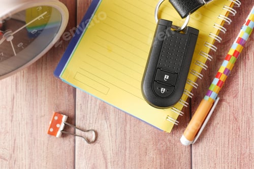 Preview: notepad, clock and car key on table