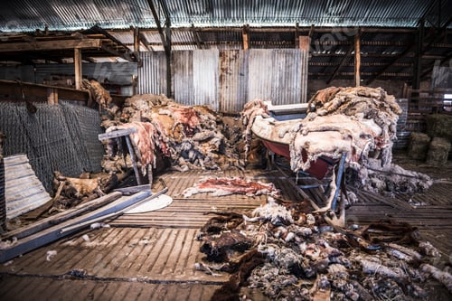 Preview: Inside the sheep shearing shed at Estancia La Oriental, Perito Moreno National Park, Santa Cruz Prov