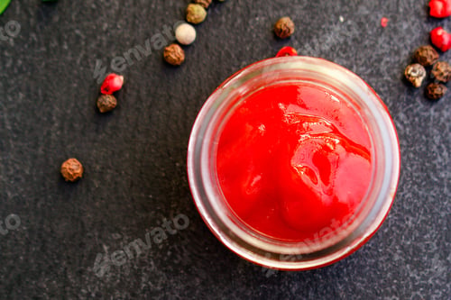 Preview: Tomato Sauce In A Gravy Boat On The Table (Sugo Or Ketchup) Menu Concept. Background. Top View