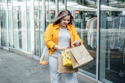 Preview: Happy confident smiling plus size curvy young woman with shopping bags walking on city street near