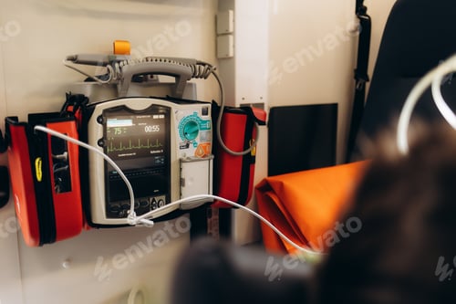 Preview: defibrillator on the table in the hospital near the patient's bed.