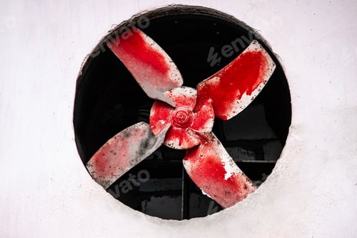 Preview: Big old red fan in concrete wall.