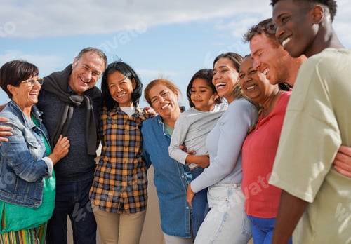 Preview: Group of multi generational people hugging each other outdoor