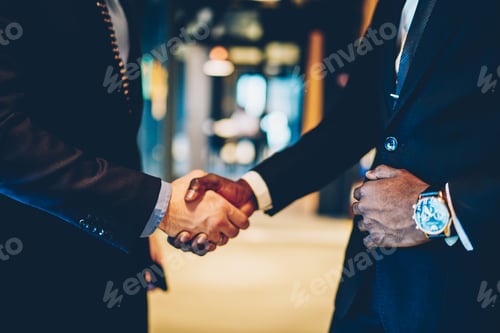 Preview: Determined multiethnic business partners shaking hands while making deal in contemporary office