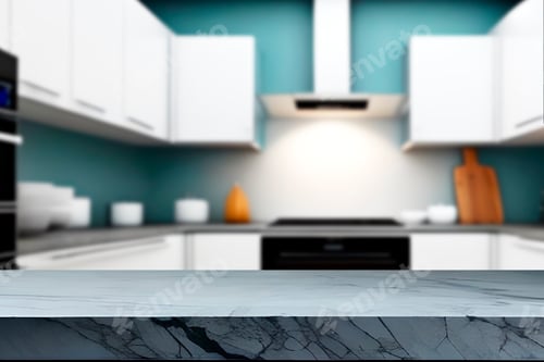Preview: Empty marble top table with blurred kitchen interior Background. for product display.