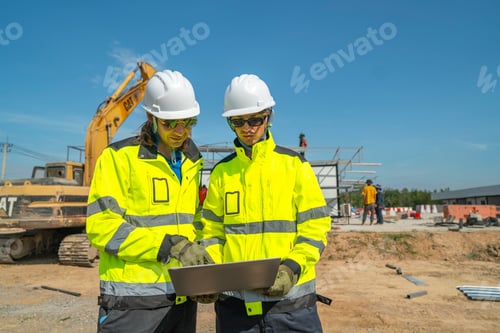 Preview: An engineer in visibility jacket and helmet working on construction site.