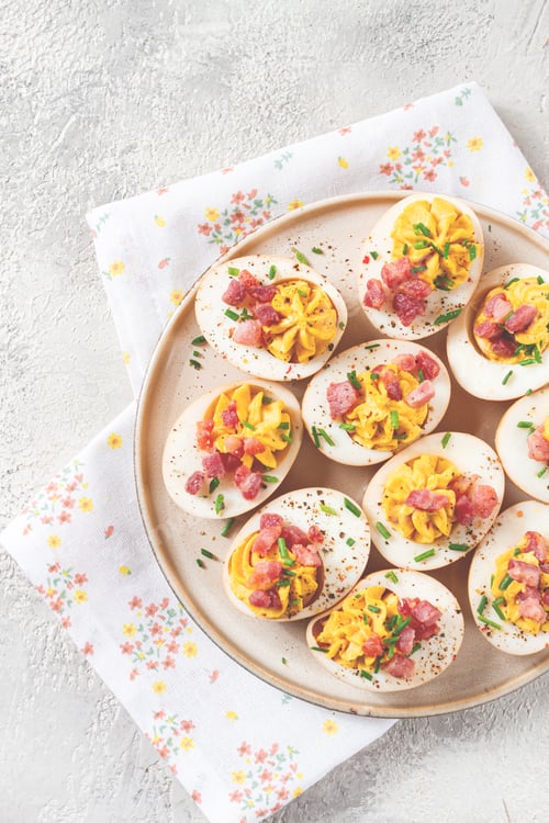 Preview: Spicy, stuffed ramen eggs, with bacon and green onions, homemade, no people,