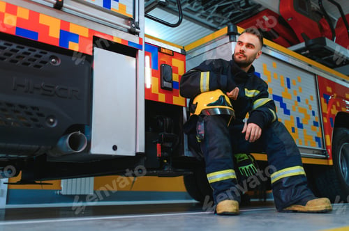 Preview: Photo of young fireman near fire engine