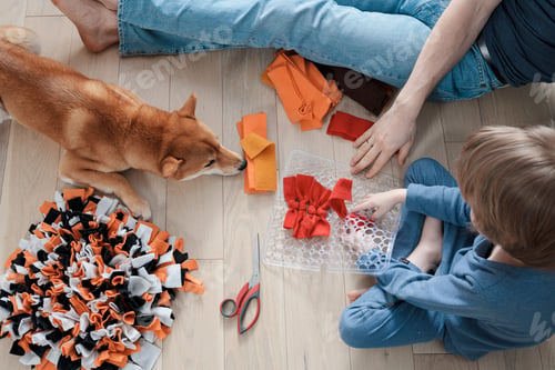 Preview: family leisure activities. Top view of cute boy and his dad making DIY snuffle mats for their dog