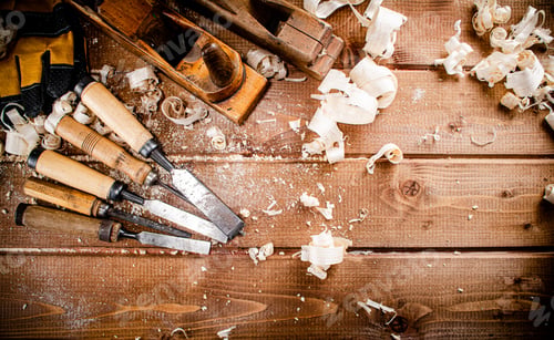 Preview: Various working tools on wood on the table.