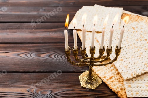 Preview: Jewish holiday Passover banner design with wine, matzo on wooden background.