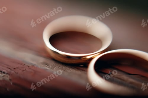 Preview: stylish wedding rings macro view on wooden aged background