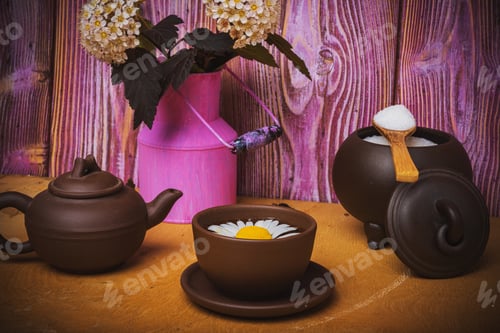 Preview: Art Still Life. Composition-Clay Teapot And Cups. Beautiful Flowers