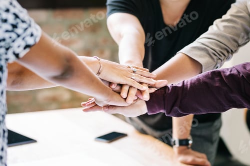 Preview: Diverse startup business team stacking hands