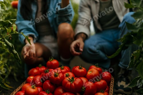 Preview: Couple harvesting fresh organic tomatoes in a garden